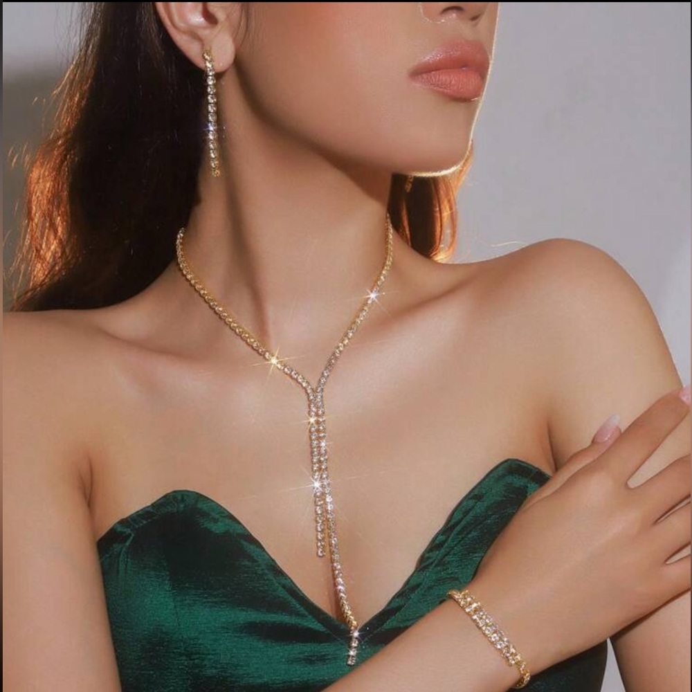 Elegant Gold Cubic Zirconia Earrings, Necklace and Bracelet Set, Jewelry Set